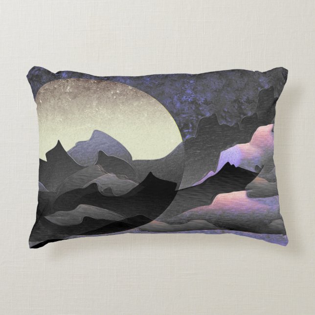 Whimsical Moon och Mountains Abstrakt Konst Prydnadskudde (Framsidan)