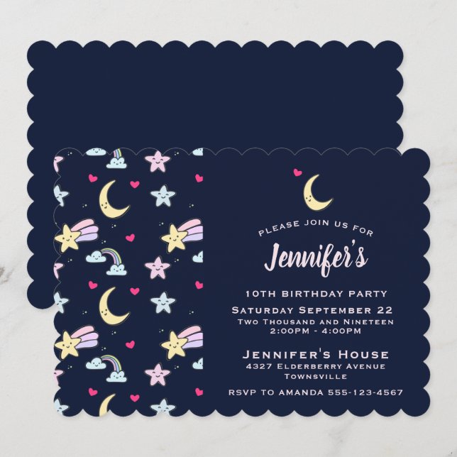 Whimsical Moon, Stars and Clouds on Blue Birthday Inbjudningar (Fram/baksida)