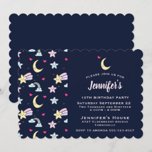 Whimsical Moon, Stars and Clouds on Blue Birthday Inbjudningar