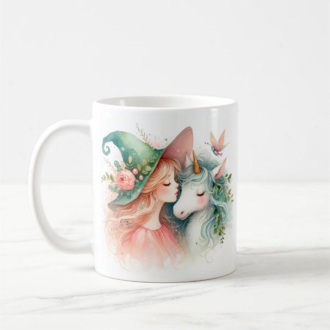 Whimsical Morgonmagi Häxa Enhörning Akvarell Kaffemugg (Vänster)
