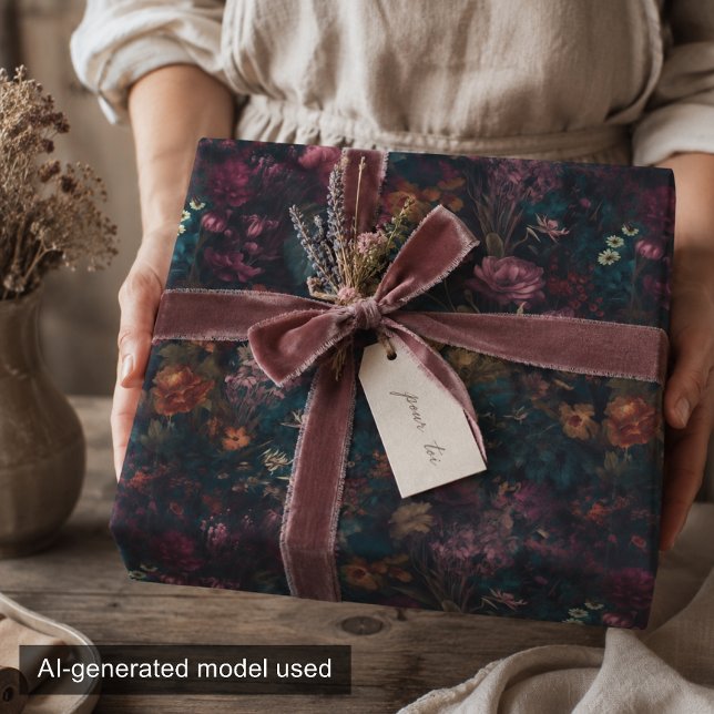 Whimsical Mörk Moody Boho Blommig Dekoupage Presentpapper (Skapare uppladdad)