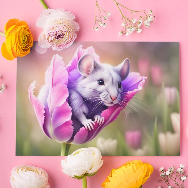 Whimsical Mouse I Tulpanparadis Vykort (Transform spaces with enchanting AI artwork, ideal for postcards, walls, or cherished keepsakes.)