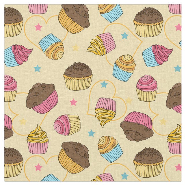 Whimsical Muffins och Muffinsar Baking Mönster Tyg (Närbild)