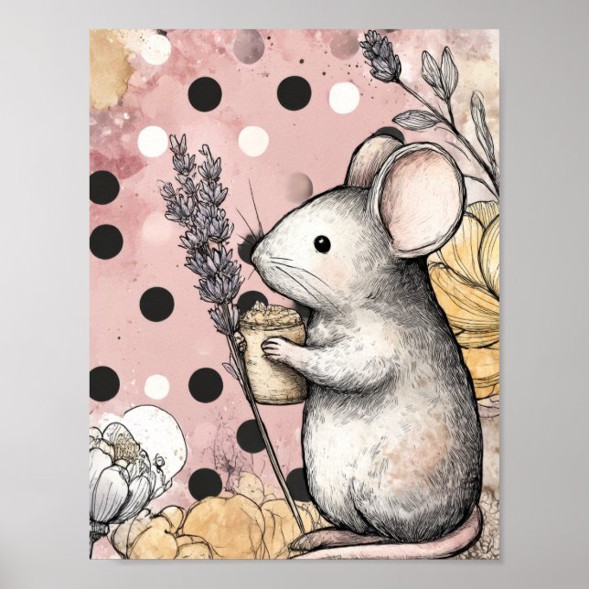 Whimsical Mus Blommig Akvarellkonst Poster (Framsidan)