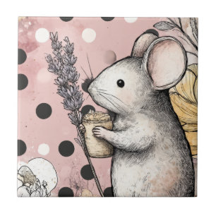 Whimsical Mus Floral Vattenfärgskonst Kakelplatta