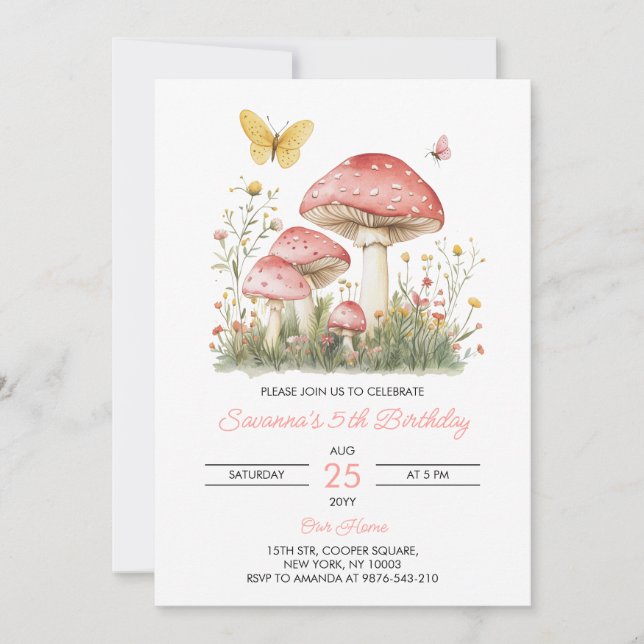 Whimsical Mushroom 5-års födelsedagsfest Inbjudningar (Framsida)