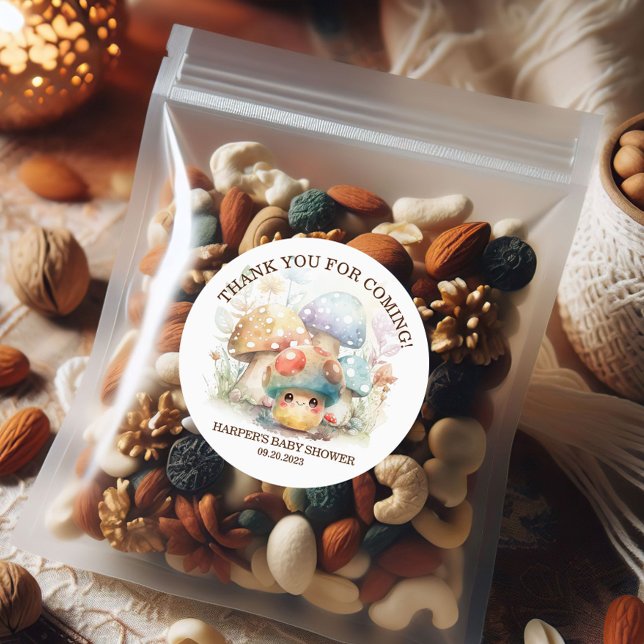 Whimsical Mushroom Baby Shower Runt Klistermärke (Get ready to put the fun back in to fungi with this delicious mushroom party themed sticker. )