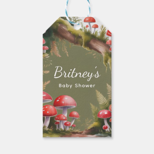 Whimsical Mushroom Baby Shower Thank You Presentetikett (Framsidan)