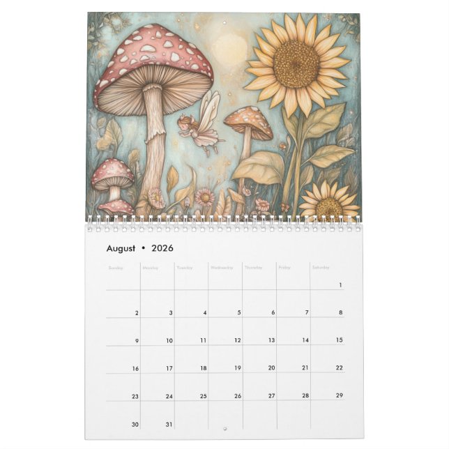 Whimsical Mushroom Calendar, Mushroom Kalender (Aug 2026)