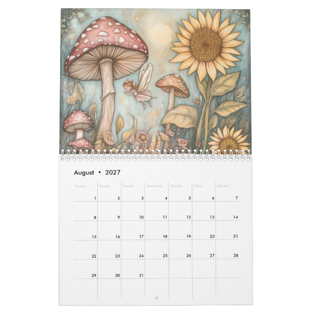 Whimsical Mushroom Calendar, Mushroom Kalender (Aug 2027)
