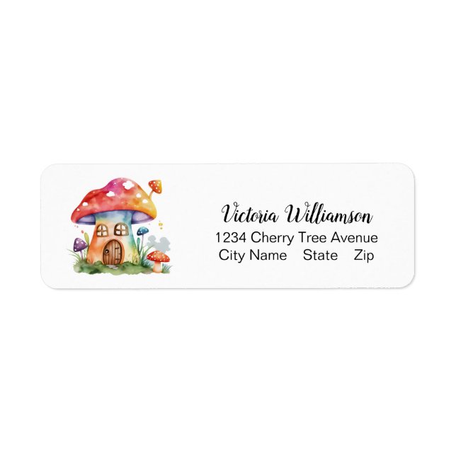 Whimsical Mushroom House Cute Watercolor Anpassnin Returadress Etikett (Framsidan)