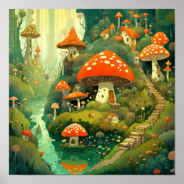 Whimsical Mushroom Village Poster