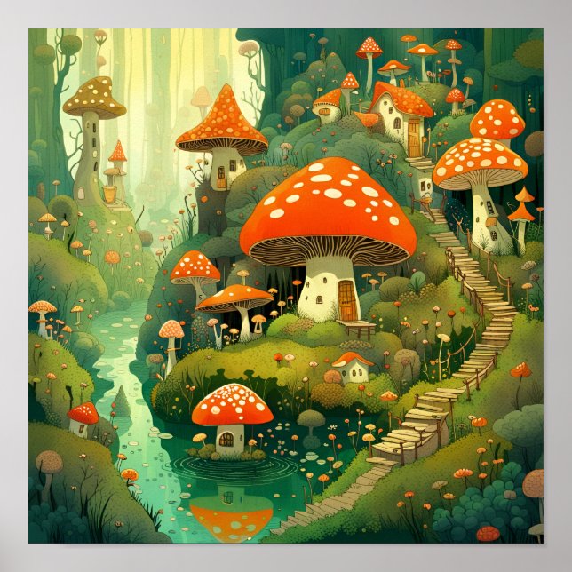 Whimsical Mushroom Village Poster (Framsidan)