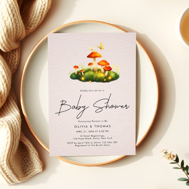 Whimsical Mushroom Woodland Script Baby Shower Inbjudningar (Skapare uppladdad)
