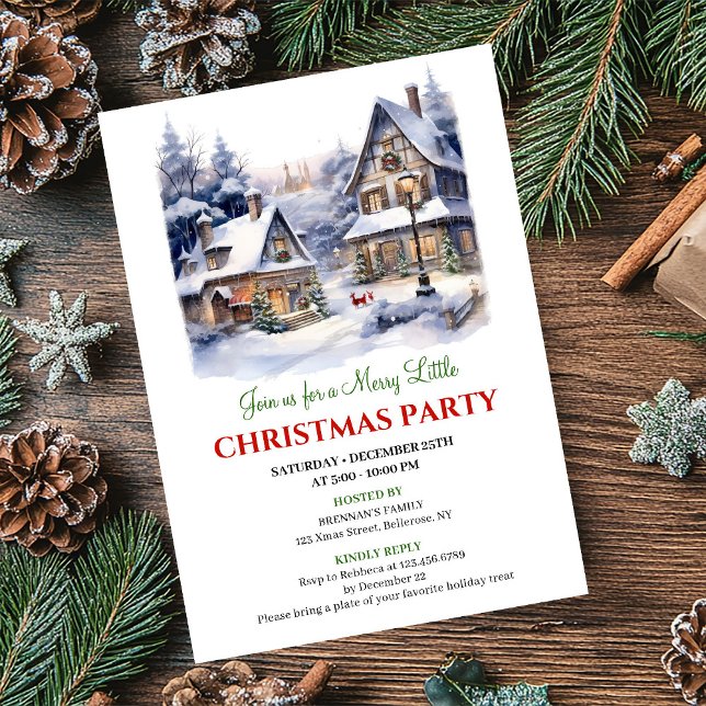 Whimsical mysig julby vinter scen inbjudningar (Whimsical cozy Christmas village winter scene invite)