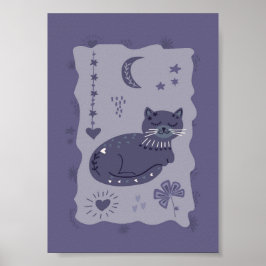 Whimsical Natt Katt Folklig Konst Affisch