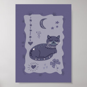 Whimsical Natt Katt Folklig Konst Affisch