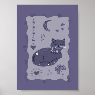 Whimsical Natt Katt Folklig Konst Affisch