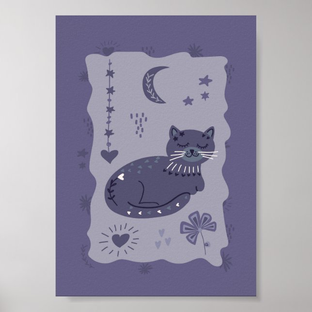 Whimsical Natt Katt Folklig Konst Affisch (Framsidan)
