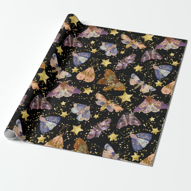 Whimsical Natt Moth Butterflies Faux Guld Stars Presentpapper (Utrullad)