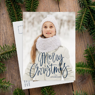 Whimsical Navy Script God Jul 2 Foto Helg Vykort