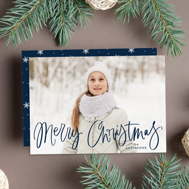 Whimsical Navy Script God Jul Foto Julkort (Skapare uppladdad)