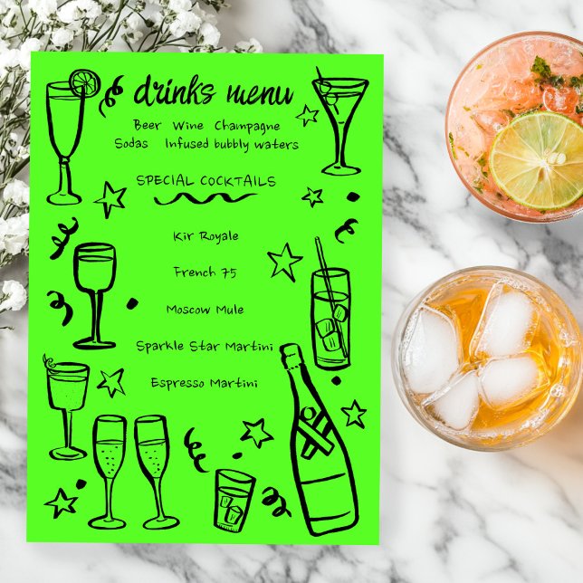 Whimsical NEW YEAR Party Cocktail Drinks Custom  Meny (Whimsical NEW YEAR Party Cocktail Drinks Custom Menu Neon Lime Green 
)