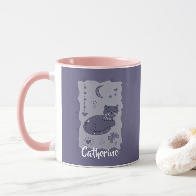 Whimsical Night Cat Folk Art Anpassad Mugg (Med munk)