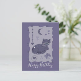 Whimsical Night Cat Folk Art Birthday Postcard Vykort