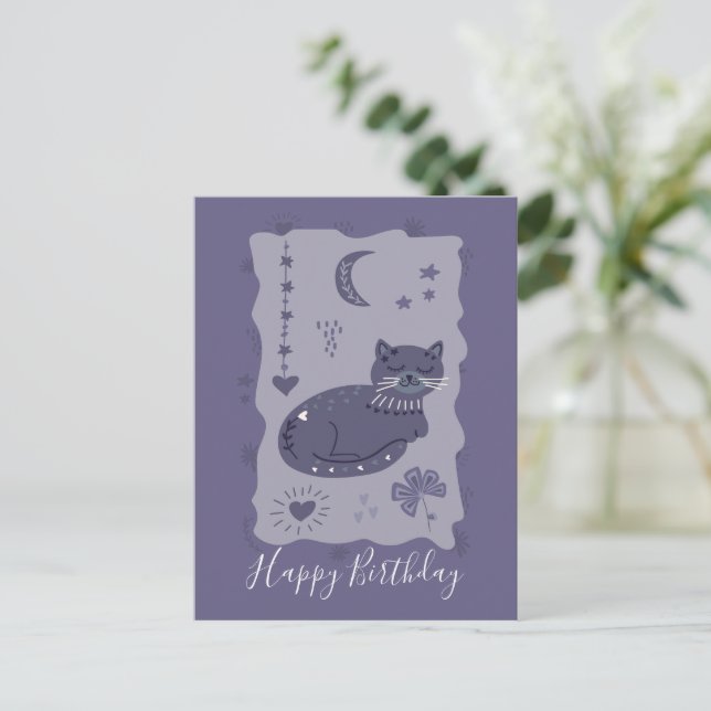 Whimsical Night Cat Folk Art Birthday Postcard Vykort (Stående Fram)