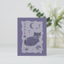 Whimsical Night Cat Folk Art Postkort
