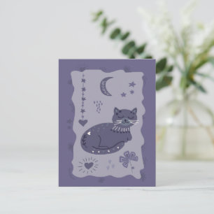 Whimsical Night Cat Folk Art Postkort Vykort
