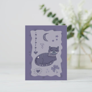 Whimsical Night Cat Folk Art Postkort Vykort