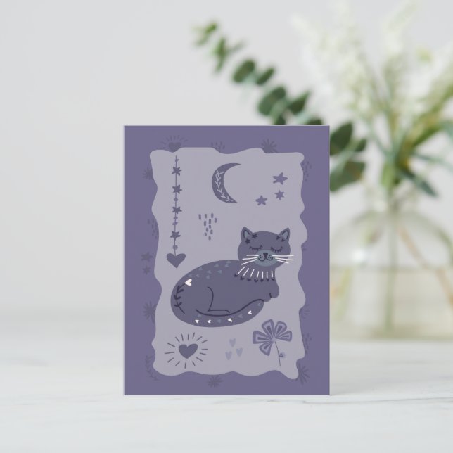Whimsical Night Cat Folk Art Postkort Vykort (Stående Fram)