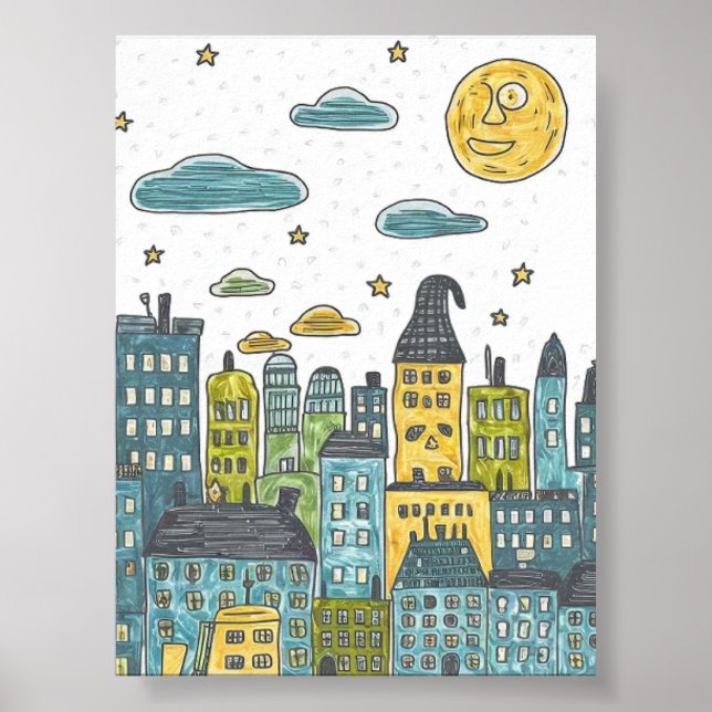 Whimsical Night Cityscape - lekfull handritad kons Poster (Framsidan)