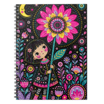 Whimsical Night Garden Girl Blommig Folkkonst