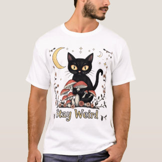 Whimsical noir cat framed by red mushrooms and pal t shirt