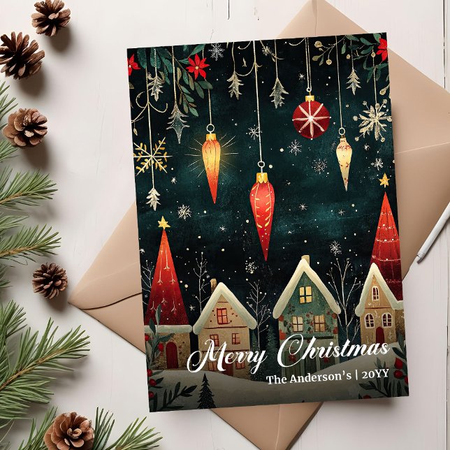 Whimsical nostalgisk julscen kortmall julkort (Whimsical nostalgic Christmas scene card template)
