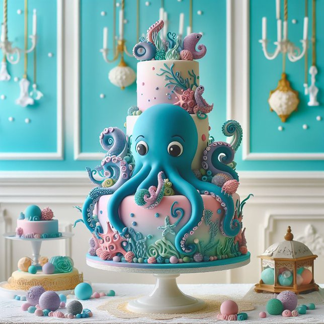 WHIMSICAL OCTOPUS DECORARATED BARNS FÖDELSEDAG CAK KORT (Skapare uppladdad)