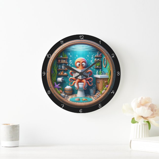 Whimsical Octopus on Toilet Clock Funny Stor Klocka (Hem)