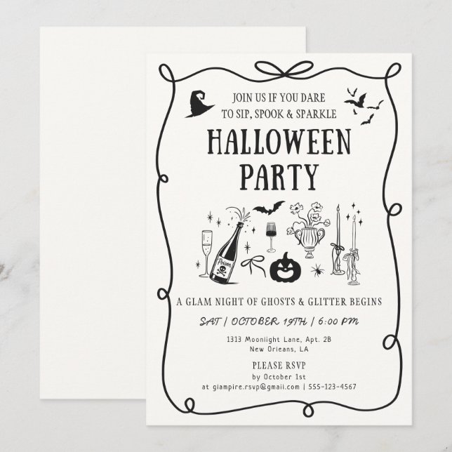Whimsical off-white Boos & Bows Halloween fest Inbjudningar (Fram/baksida)