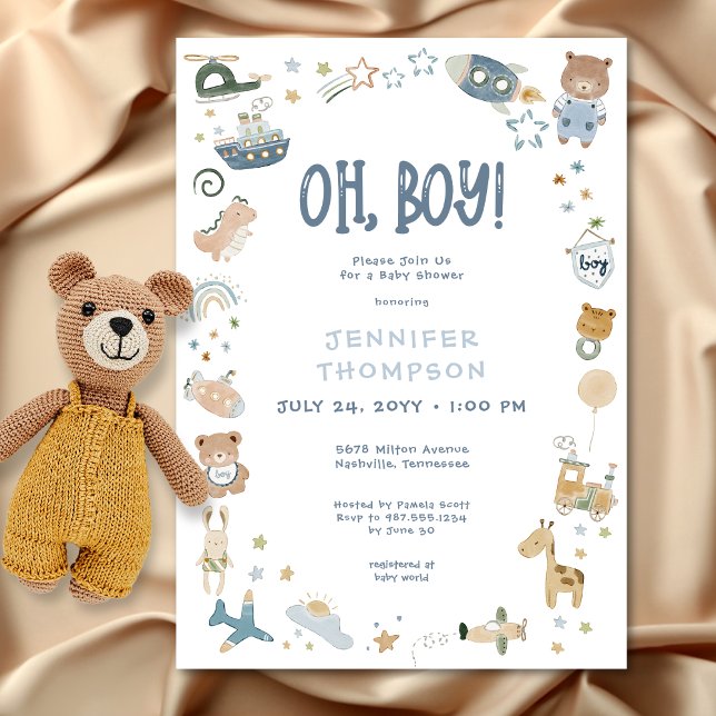 Whimsical Oh Pojke Vattenfärg Doodle Barnkalas Inbjudningar (Whimsical Oh Boy Watercolor Doodle Baby Shower Invitation)