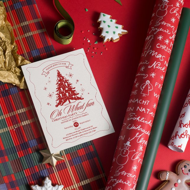 Whimsical Oh What Fun Christmas Tree Red Beige  Inbjudningar (Whimsical Oh What Fun Christmas Tree Red Beige Invitation hand drawing stars tree red calligraphy )