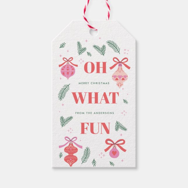 Whimsical Oh What Fun Julpresentkort Presentetikett (Framsidan)