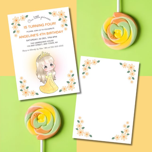 Whimsical Orange Klänning Prinsessa Blommig Födels Inbjudningar (Skapare uppladdad)