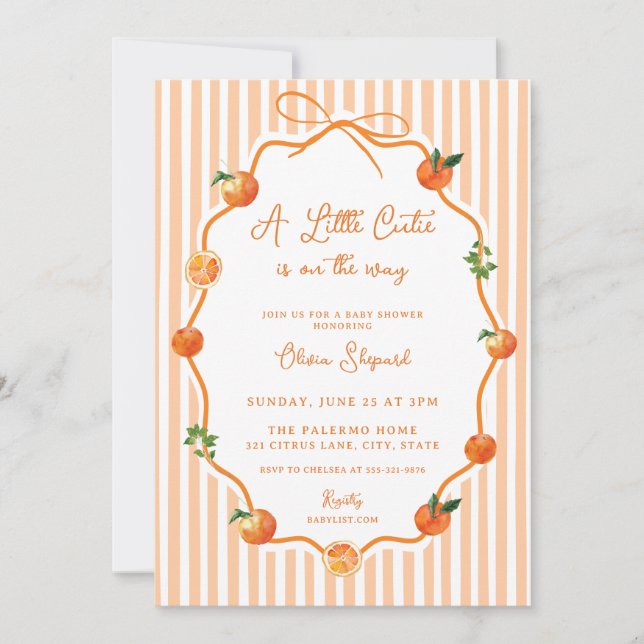 Whimsical Orange Liten Söting Bebis Shower Inbjudningar (Framsida)