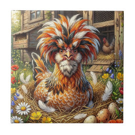 Whimsical Orange och Vit Polsk Kycklingkoja Kakelplatta