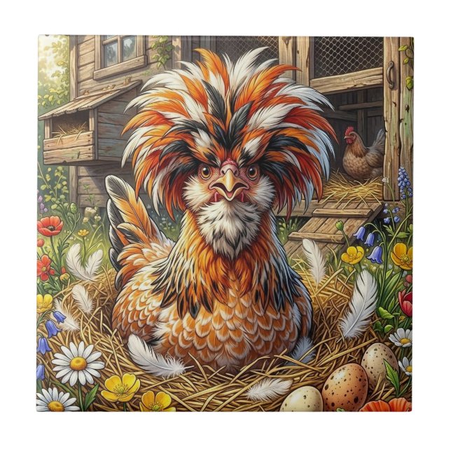Whimsical Orange och Vit Polsk Kycklingkoja Kakelplatta (Framsidan)