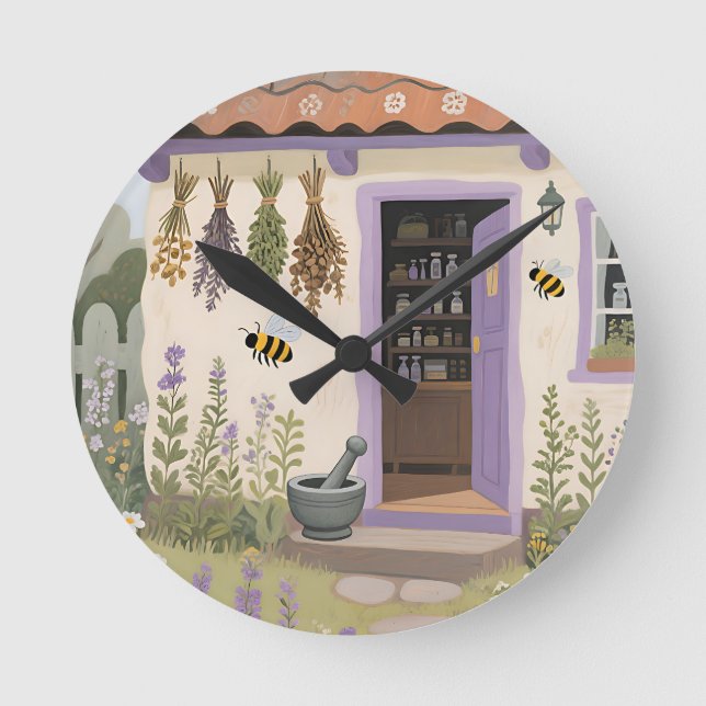 Whimsical örtstuga trädgård rund klocka (Framsida)