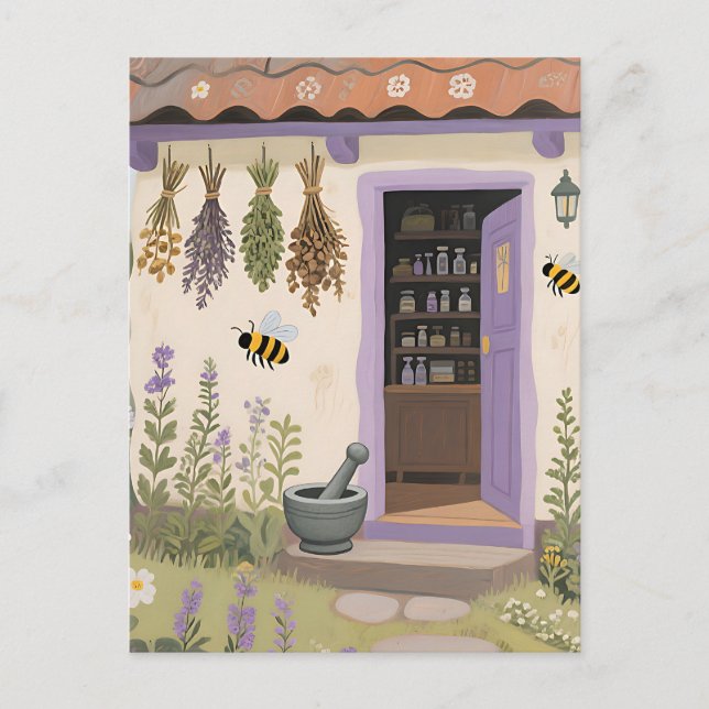 Whimsical örtstuga trädgård vykort (Framsida)